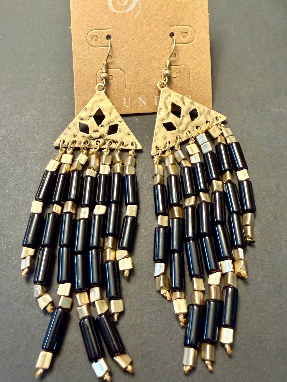 Plunder Design “Caprice” Gold and Black Beaded Fringe Earrings